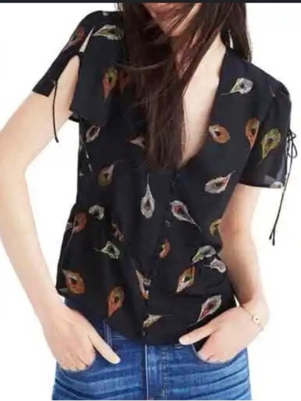 Madewell Belle 100% silk feather tie sleeve button front blouse sz 8